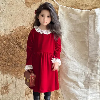 Осенне-зимнее детское платье, однотонное платье во французском стиле, классическое бархатное платье с длинными рукавами, одежда для маленьких девочек