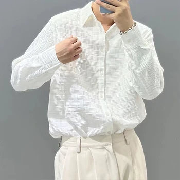 Роскошная мужская рубашка 2023 года, повседневные модные однотонные рубашки с отворотом и длинными рукавами на пуговицах для мужчин, уличная весенняя одежда