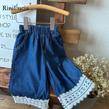 RiniLucia 2023, Осенние новые джинсы для маленьких девочек, одежда с цветочным кружевом, широкие джинсовые брюки, модные детские брюки, детская одежда