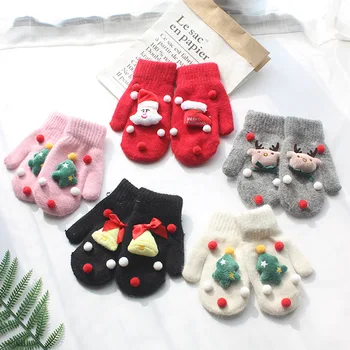 Новые детские Рождественские перчатки, осенне-зимние утолщенные теплые шерстяные перчатки, уличные детские милые вязаные перчатки для пальцев