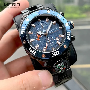 Мужские кварцевые часы MEGIR с хронографом, модные спортивные светящиеся наручные часы с автоматической датой, декоративный компас на ремешке из нержавеющей стали