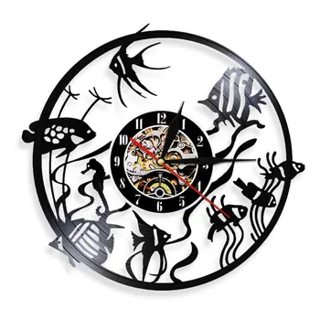 Рыбы, океанские животные, виниловые пластинки, настенные часы, 3D настенные часы, Рыбы, художественный декор стен ручной работы для детской комнаты, уникальный подарок