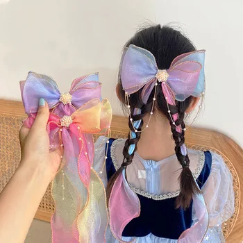 Милые красочные Шифоновые Заколки с бантиком из шифоновой ленты Для девочек, детские милые Жемчужные заколки для волос, модные Аксессуары для волос