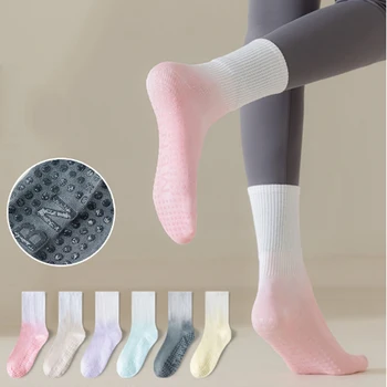 1 пара женских хлопчатобумажных носков, модные повседневные Высококачественные нескользящие силиконовые длинные носки для занятий фитнесом в помещении, танцами, пилатесом, спортом