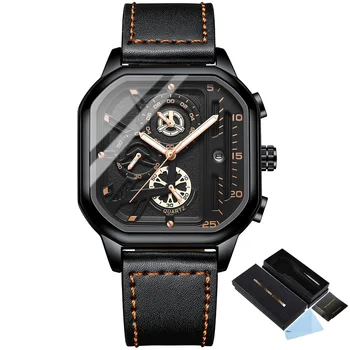 Подарочные мужские часы с дропшиппингом, высококачественные Люминесцентные кварцевые мужские часы, хит продаж, кожаный ремешок для часов с квадратным циферблатом, наручные часы с коробкой