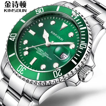 Мужская тонкая стальная лента Календарь Светящиеся Водонепроницаемые кварцевые часы с зеленым циферблатом Мужские часы