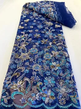 Французские блестки Тюль Кружевная ткань Синий Африканский Роскошный Вышитый Ручной Работы Бисером Сетчатый Кружевной материал В Нигерийском стиле Для женского вечернего платья