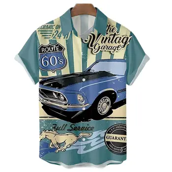 Route 66 Car Графические Рубашки для Мужчин, Одежда с 3D Принтом, Гавайские Пляжные Рубашки С Коротким Рукавом, Топы y2k, Винтажная Одежда, Блузка С Лацканами