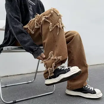 2022 Новые Звезды моды Полотенце С вышивкой Коричневые мужские джинсовые брюки Y2K Одежда Прямые хлопчатобумажные брюки в стиле хип-хоп Pantalon Homme