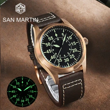 Бронзовые часы пилота San Martin Военные YN55A Мужские автоматические механические часы в простом ретро стиле, кожаный ремешок, светящийся на 20 бар.