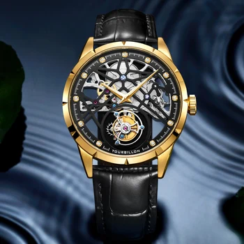 Мужские часы AESOP Super Skeleton Flying Tourbillon Золотые Водонепроницаемые Мужские механические наручные часы класса Люкс в стиле стимпанк