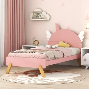 Розовая деревянная симпатичная кровать с изголовьем в форме единорога, кровать-платформа двойного размера, простая в сборке, для мебели для спальни в помещении