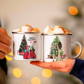 Кофейные кружки с рисунком рождественской елки и девочек, напитки для рождественской вечеринки, десерт, какао, эмалированные кружки с ручками, чашки, подарки для идеальных друзей