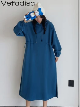 Vefadisa 2023 Осень Зима, Новое Синее платье с капюшоном большого размера, Модная Персонализированная версия, Ленивое женское платье средней длины ZY2409