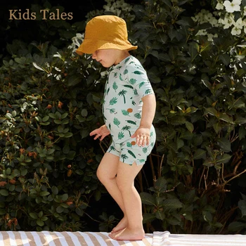 Купальник для маленьких мальчиков и девочек, летний пляжный купальник из полиэстера с коротким рукавом на молнии, цельный солнцезащитный костюм со шляпой от солнца на 1-7 лет
