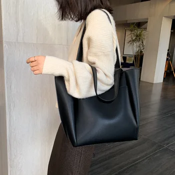 Высококачественная мягкая искусственная кожа, женская повседневная сумка-тоут большой емкости, однотонная сумка на одно плечо с внешним карманом
