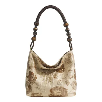 Коричневая винтажная сумка для подмышек с вышивкой 2023 года, новая женская сумка на цепочке, сплетенная из деревянных бусин, сумка-мешок на одно плечо