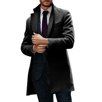 мужские пальто, осенний мужской тренч, Шерстяное однотонное деловое пальто, однобортная приталенная ветрозащитная куртка средней длины