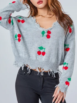 Женский осенне-зимний теплый свободный свитер, вязаные топы с длинным рукавом и V-образным вырезом, вишневый /клетчатый пуловер с кисточками