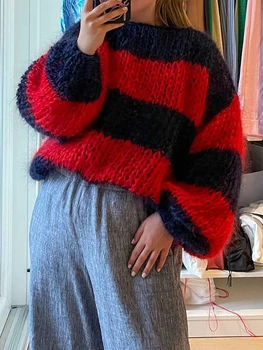 Свободный свитер в полоску Оверсайз с длинным рукавом и круглым вырезом в стиле ретро 90-х y2k, Трикотаж для женщин, Пуловер Sudaderas De Mujeres