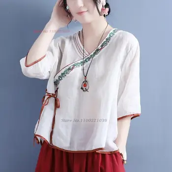 Улучшенная китайская блузка hanfu 2023, хлопковая льняная блузка с цветочной вышивкой natioanl, восточный свободный чайный сервиз с v-образным вырезом, рубашка hanfu