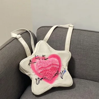 Школьные сумки с принтом сладкого розового сердца Y2k Fashion Large Pentagram Backpack 2023 Trend News Женская сумка Cool Girls Japanese