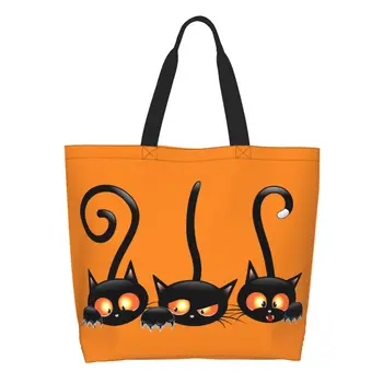 Изготовленные на заказ холщовые хозяйственные сумки Black Cat для Хэллоуина, женские многоразовые сумки для покупок большой емкости