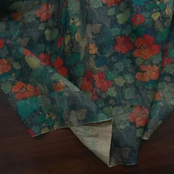 Высококачественная льняная ткань, красные цветы на зеленом фоне, цифровая печать, лоскутное шитье, высококачественная ткань чонсам для платья