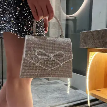 Роскошная вечерняя сумочка с бантом в виде бриллиантов, Дизайнерская летняя женская сумочка со стразами, блестящая сумка через плечо, маленькие кошельки с клапаном.