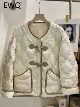 EWQ, милое стильное шикарное женское хлопчатобумажное пальто с круглым вырезом, однобортные карманы, пальто контрастного цвета в стиле пэчворк, осень-зима 2023, Новинка