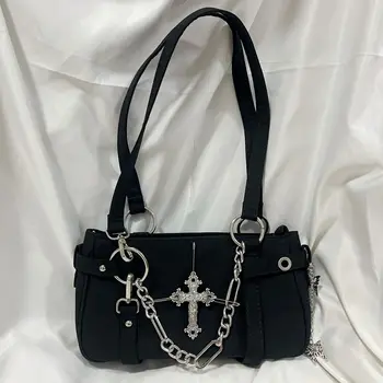 Женская сумка JIAERDI Gothic Cross Y2k с винтажной цепочкой в стиле Гранж-панк, повседневная сумка через плечо, женская Ретро-байкерская черная сумочка эстетичного вида