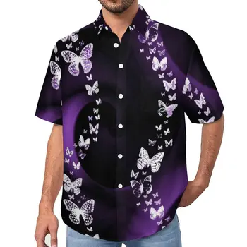 Фиолетовая пляжная рубашка с бабочкой и вихрем, Гавайские повседневные рубашки с принтом волшебных животных, мужские эстетичные блузки с коротким рукавом, графическая одежда
