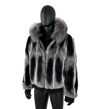 Пальто из шиншиллы, куртка с капюшоном из натурального меха кролика Рекс, воротник из натурального меха лисы, куртки из натурального меха