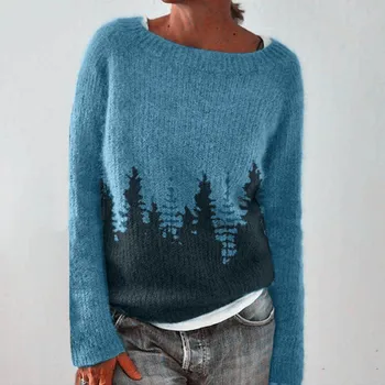 Женский свитер оверсайз, Осенне-зимний джемпер, Новые модные топы, Вязаные пуловеры с цветными блоками, О-образный вырез, Ретро Теплые свитера