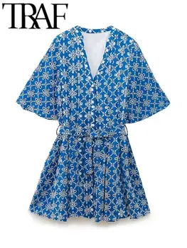Женская летняя вышивка TRAF 2023, Уникальная мода, открытая рубашка с поясом, винтажное платье миди с V-образным вырезом и коротким рукавом