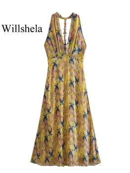 Willshela Женское Модное платье Миди с бисерным принтом, без спинки, на боковой молнии, винтажное женское платье с вырезом на бретельках, шикарные женские платья