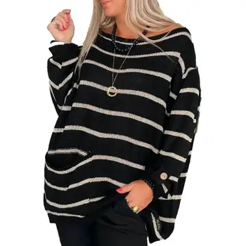 Женский свитер свободного кроя, повседневный женский свитер в стиле ретро, Стильный женский осенний свитер с круглым вырезом и длинным рукавом в полоску.
