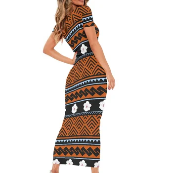 Полинезийский Понпей, Тату-принты в племенном стиле, Винтажное Летнее Женское Вечернее платье, Свободный Круглый вырез, Короткий рукав, Длинная юбка 4XL