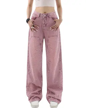 Джинсы Y2K American с потертостями, женский свободный дизайн, Розовая пикантная девушка, ретро, повседневная высокая талия, Широкие штанины