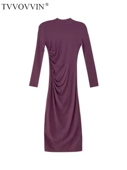 WOMENGAGA Осень Зима Сексуальное плиссированное платье с обтягивающей талией, женское длинное фиолетовое тонкое платье с длинным рукавом X8DT