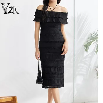 Y2K одежда дизайнерская модная новинка в корейском стиле с однотонными оборками и вырезом лодочкой, тонкие платья миди для женщин, летняя вечеринка, вечернее платье femme