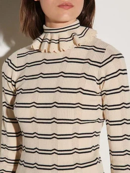 Кружевной воротник с рюшами, нижняя рубашка y2k, женский свитер в полоску с длинным рукавом, осенне-зимний повседневный тонкий свитер из ста стрейчей