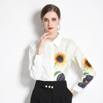 2023, Новая демисезонная женская рубашка с отложным воротником и длинным рукавом, Белая рубашка с принтом Сладких подсолнухов, Дешевая одежда, Китай
