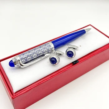 Роскошная классическая шариковая ручка с синим круговым рисунком, покрытая лаком, с серебряной отделкой, гладкие канцелярские принадлежности для письма.