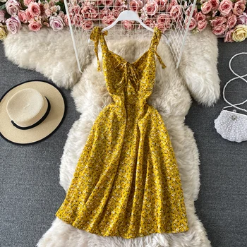 Шифоновое платье с цветочным рисунком, женское летнее платье нового стиля, V-образный вырез, облегающая талия, тонкая юбка-трапеция в виде сказочного цветка, юбка-слинг