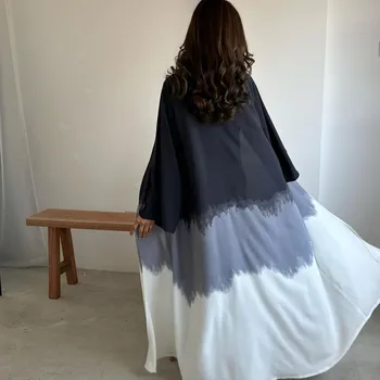 Новое мусульманское модное кимоно с завязками, открытая Абая для женщин, плащ, кардиган, халат, Черный, белый, серый, Исламская одежда Дубая