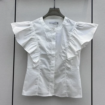 Летняя короткая рубашка с рукавом-бабочкой 2023, Милая складка, Широкий воротник в виде листьев Лотоса, Однотонный белый топ с коротким рукавом