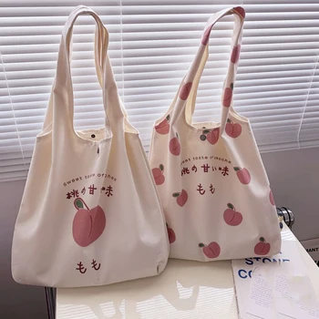 Милая холщовая сумка Женская Летняя сумка с принтом свежего персика, сумка через плечо с японским принтом, сумка для защиты окружающей среды.