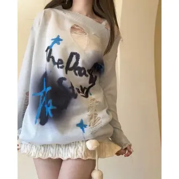 Пуловер Harajuku с длинным рукавом и открытыми плечами, свободный женский свитер в стиле панк-Гранж, Сексуальный женский свитер Y2k с эстетическими осенними дырочками