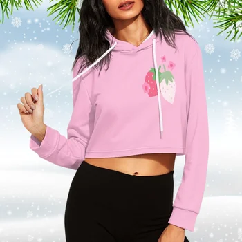 Розовые толстовки с длинным рукавом, зимняя одежда с милым клубничным рисунком, укороченная женская повседневная толстовка для девочек-подростков, уличные топы с капюшоном